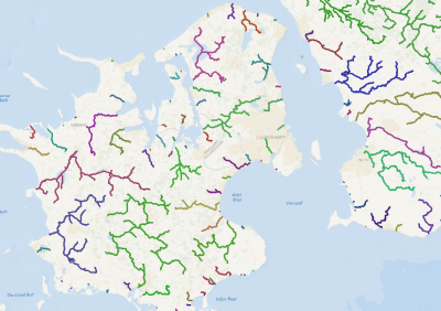 Example of network colour coded by catchment ID geenrated by RivEX