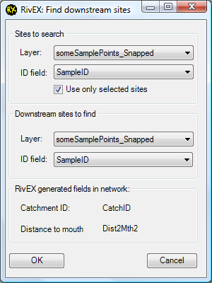 Find downstream sites dialog