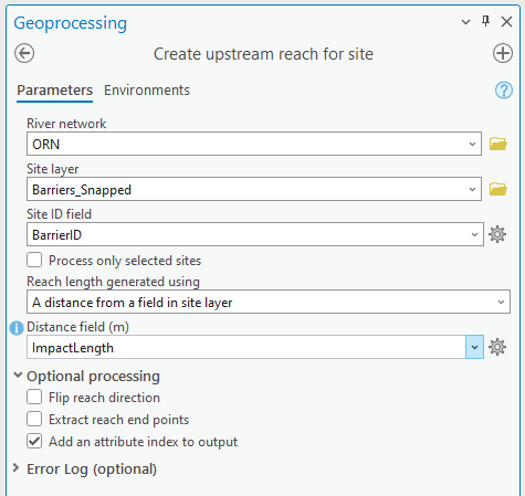 Create upstream reach for site tool