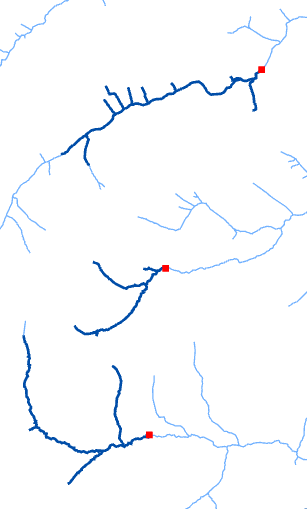 Example of upstream nearby networks extracted for sites by RivEX